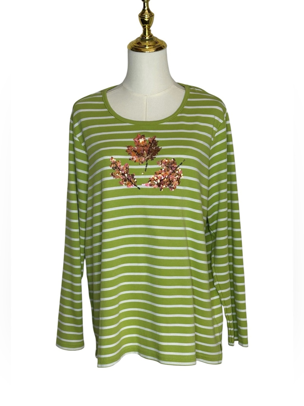 Quacker Factory Green White Striped Long-Sleeve Top Sequin Leaf Motif Sz XL Fall